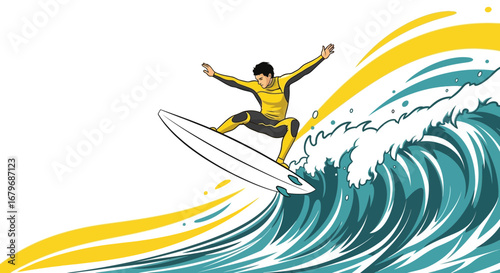 Energetic Surfer Riding A Dynamic Wave, Executing A Surfing Maneuver With Artistry