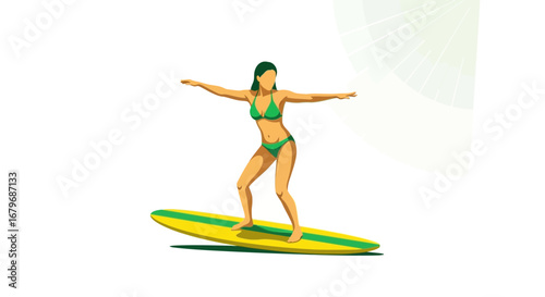 Female Surfer Balancing on a Vibrant Surfboard Against a Fresh White Background