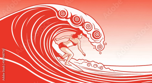 Female Surfer Embracing a Massive Wave in Bold Crimson and White Linear Illustration