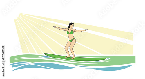 Female Surfer Balancing on the Surfboard During Morning Waves and Sunny Weather