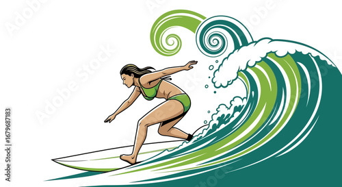 Female Surfer Gracefully Rides a Vibrant Wave Against a Clean White Background