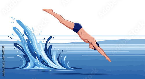 Energetic Swimmer Performing Dive Into Refreshing Water Creating Dynamic Elements And Sensations