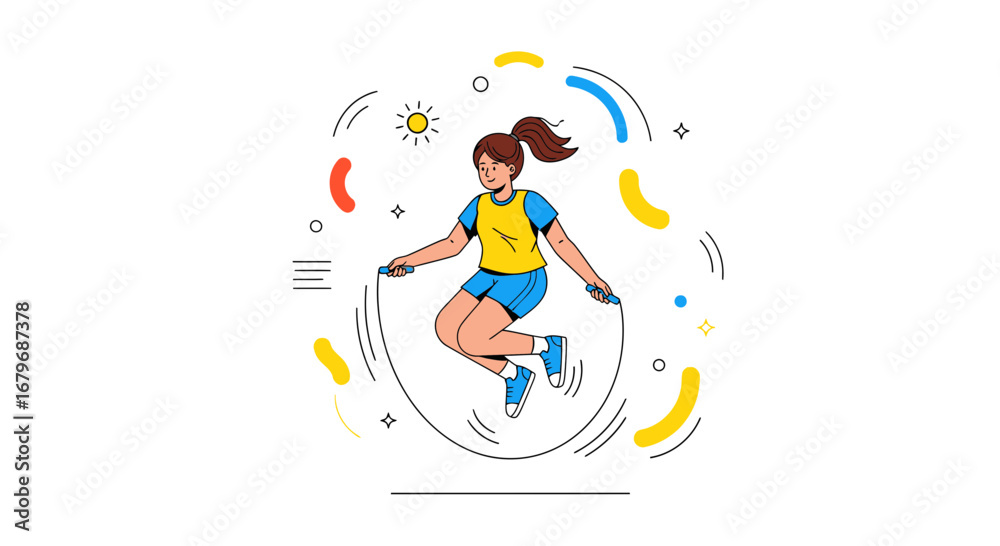 Obraz premium Energetic Woman Skipping Rope Cartoon, Celebrating Fitness and Playful Workout Routine
