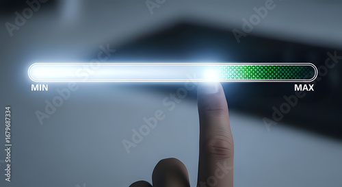 Fingertip advances progress bar from minimum to maximum, symbolizing achievement and growth
