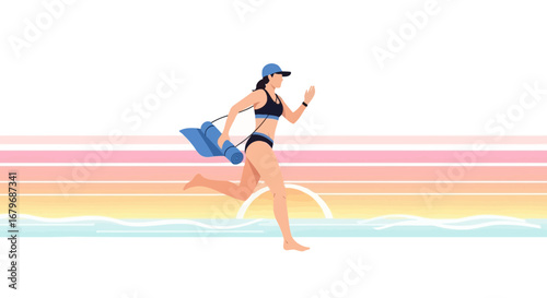 Energetic Woman Runs Toward Exercise at Beach During Sunset, Bright And Vivid Colors