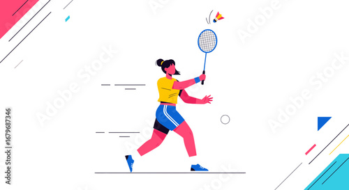Energetic Woman Playing Badminton With Racket and Shuttlecock on White Backdrop