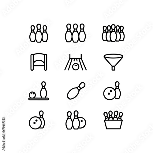 Bowling pins and balls icons set with bowling lane and chair sport game