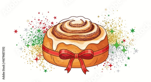 Festive Treat: Delicious Cinnamon Roll Adorned with Bow and Dazzling Holiday Flair