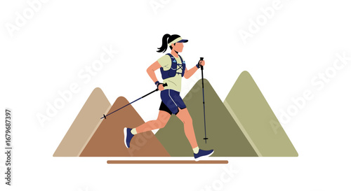 Energetic Woman Trecking Through Rugged Terrain Amongst Mountainous Landscapes In The Daylight