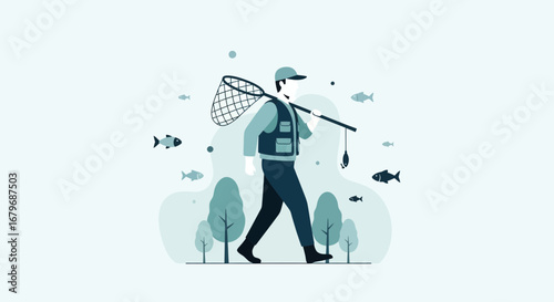 Fisherman Strolling Near Trees With His Fishing Net, Ready To Catch Fish During The Day