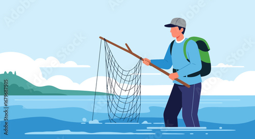 Fisherman Wading Through Water With Net, Seeking A Catch On A Clear, Cloudy Day