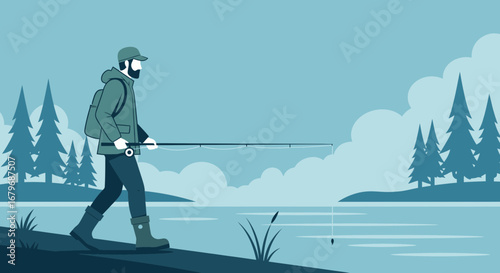 Fisherman Walking Alongside The Serene Lakeside Readying To Cast His Fishing Rod