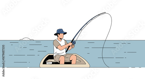 Fishing Adventure: An Angler Reeling in Surprise from the Calm Waters with Patience
