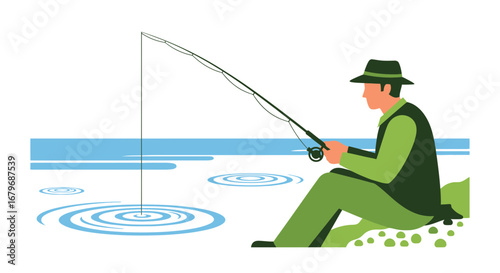 Fishing Illustration: Serene Pursuit of Angling, Peaceful Lake Scene With Fisherman