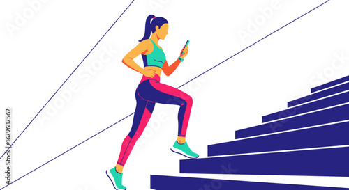 Fitness Enthusiast Climbing Stairs While Checking Phone for Workout Motivation