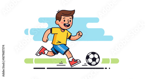 Energetic Youth Kicks Soccer Ball: A Vibrant Cartoon Display of Athleticism