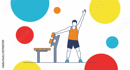 Fitness illustration of a person exercising near a bench with colorful circles background