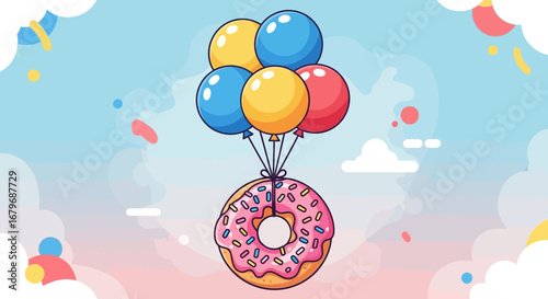 Flying donut illustration with colorful balloons rising into a gradient sky