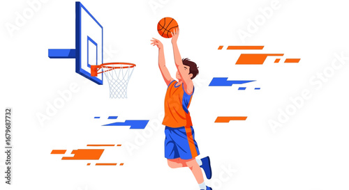 Focused Athlete Jumping Towards Hoop, Shooting Basket, Illustrative Sports Digital Artwork