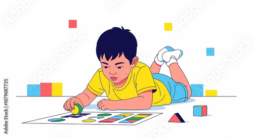 Focused Child Engaging With Colorful Puzzle, Exploring Shapes During Educational Gameplay