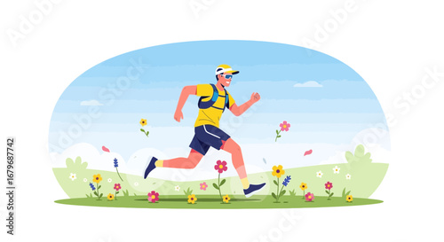 Enjoyable Outdoor Exercise: A Runner Exploring Blooming Meadows on a Sunny Day