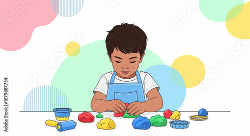 Focused child plays with colorful playdough creating forms in creative indoor activity