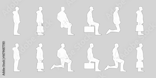 Collection of stylized white male figures in various poses and actions against a neutral gray background