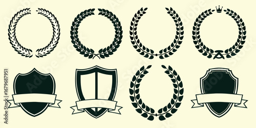 Collection of laurel wreaths and shields with ribbons emblematic of victory and achievement