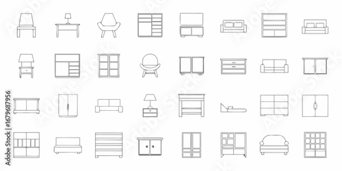 Collection of simple line art furniture icons representing various home furnishings and decor elements