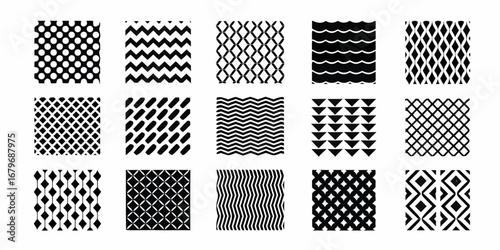Collection of fifteen black and white geometric patterns and textures on a white background