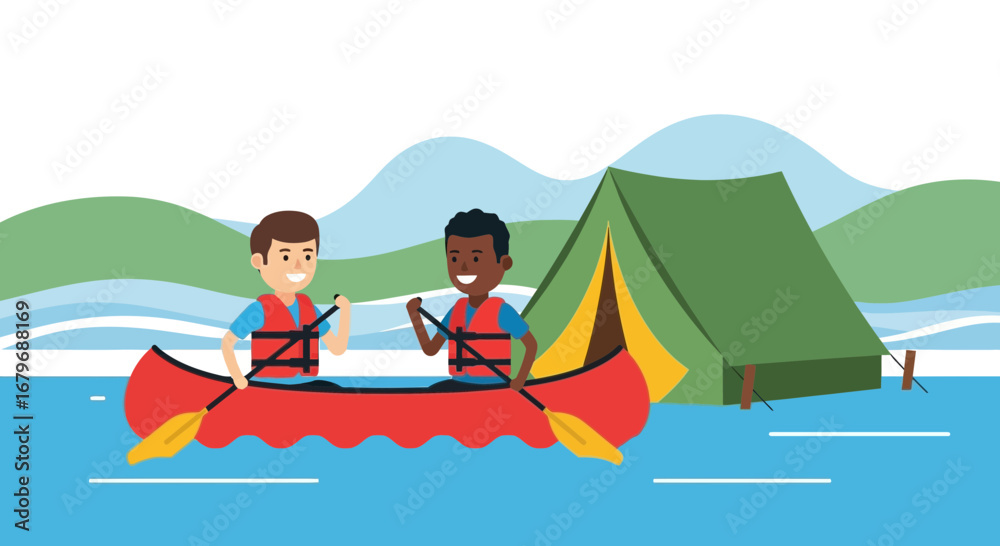 Fototapeta premium Enjoying Water Sports: Friends Kayaking Near Campsite In Peaceful Wilderness Area