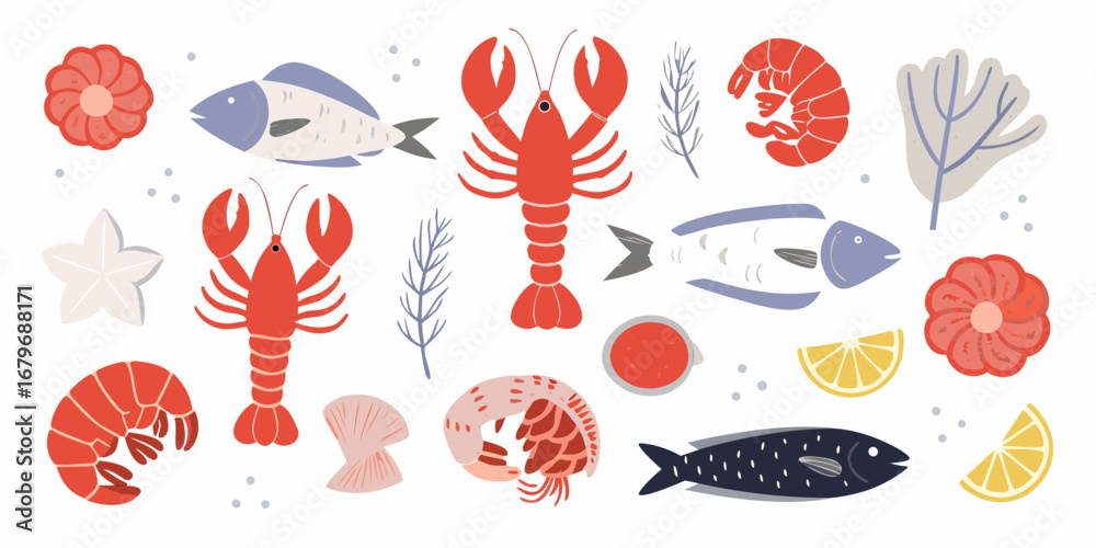 Naklejka premium Collection of colorful seafood illustrations including lobsters shrimp fish starfish shells and lemon slices