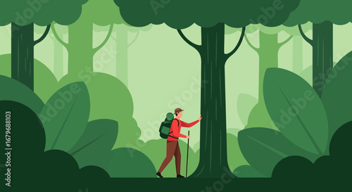 Forest Hiker Explores Green Landscape, Enjoying Nature's Tranquil Setting