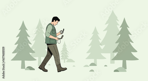 Forest Explorer Navigating with Compass and Digital Device Amidst Pine Trees
