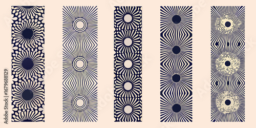 Collection of five vertical abstract patterns with sunburst or floral motifs in dark blue and cream