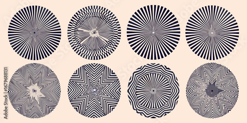 Collection of eight abstract circular optical illusion patterns with radiating lines and geometric shapes