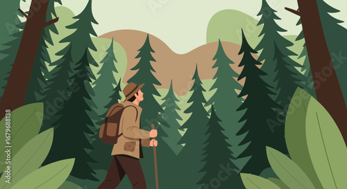 Forest Trekker Hiking Through A Lush Green Woodland Scene With Backpack And Walking Stick