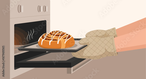 Freshly Baked Cinnamon Roll Being Removed From Oven With An Oven Mitt