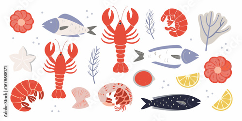 Collection of colorful seafood illustrations including lobsters shrimp fish starfish shells and lemon slices