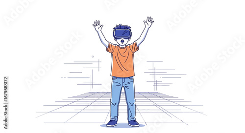 Enthralled Child Experiences Virtual Reality, Reaching Out in Digital Worlds