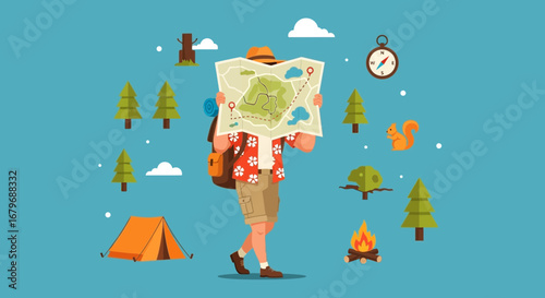 Enthusiastic Explorer Navigating Remote Territories With Compass and Detailed Topographic Map