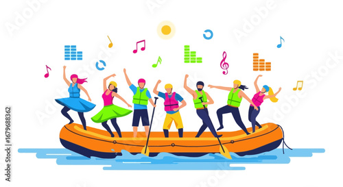 Enthusiastic Group Dancing On A Raft With Music Notes And Equalizer Elements