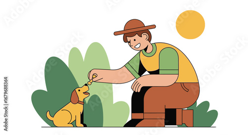 Friendly Person Provides Nourishment For A Playful Canine Companion Outdoors Sunlight