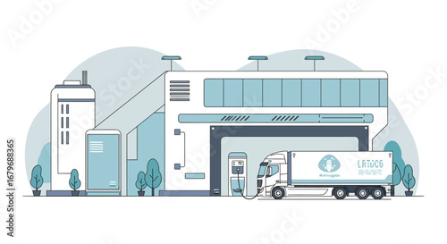 Hydrogen fuel station with truck in modern outline style