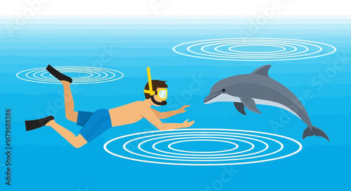 Friendly Underwater Encounter Depicts Snorkeler Interacting With a Playful Dolphin