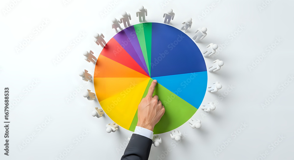 Fototapeta premium Confidently analyzing colorful data segments with team figures surrounding vibrant pie chart analytics