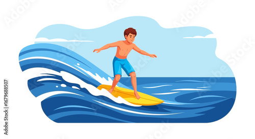 Enthusiastic Surfer Riding A Vibrant Wave, Summer Fun And Beach Adventure Illustration