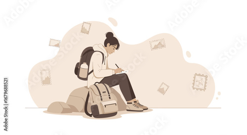 Enthusiastic Traveler Taking Notes, Capturing Memories, and Planning Adventure Destinations