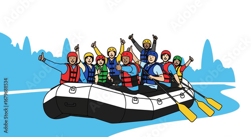 Enthusiastic Team Whitewater Rafting Adventure, Smiling and Raising Thumbs Up on River