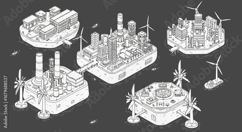 Futuristic floating islands with sustainable energy and urban development